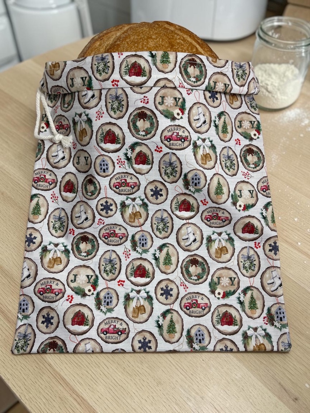 Nostalgic Christmas Cotton Bread Bag, Vintage Holiday Sourdough Storage, Organic